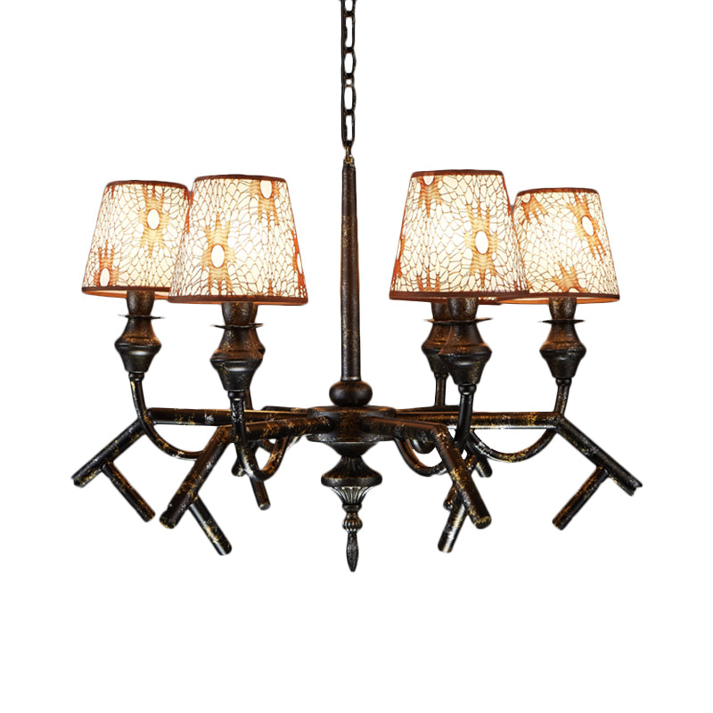 6 Lights Fabric Chandelier Lamp Traditional Brass Conical Restaurant Down Lighting Pendant Clearhalo 'Ceiling Lights' 'Chandeliers' Lighting' options 342384