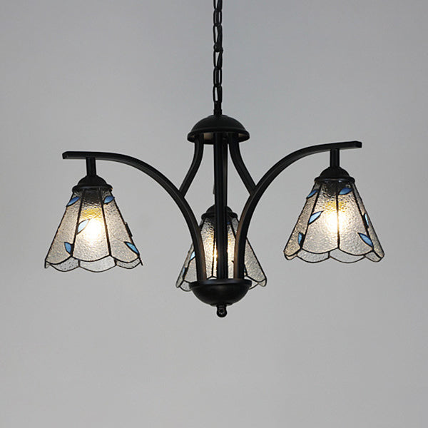 Blue/Green Leaf Design Hanging Light with 16" Metal Chain Rustic 3 Lights Chandelier Lighting in Black Finish Blue Clearhalo 'Ceiling Lights' 'Chandeliers' 'Industrial' 'Middle Century Chandeliers' 'Tiffany Chandeliers' 'Tiffany close to ceiling' 'Tiffany' Lighting' 35862