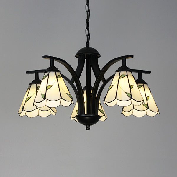 5 Lights Leaf Chandelier Lighting with 16" Metal Chain Adjustable Stained Glass Pendant Light in Blue/Green Green Clearhalo 'Ceiling Lights' 'Chandeliers' 'Industrial' 'Middle Century Chandeliers' 'Tiffany Chandeliers' 'Tiffany close to ceiling' 'Tiffany' Lighting' 35884