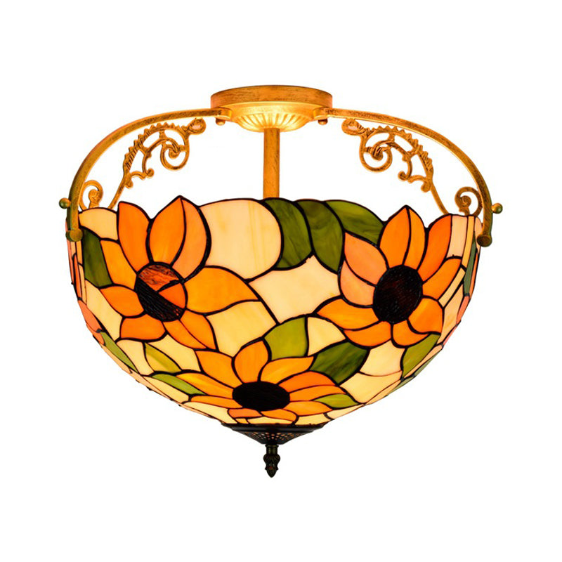 Cut Glass Rose Semi Flush Lighting Mediterranean 3 Lights Beige/Pink/Orange Ceiling Mounted Fixture Clearhalo 'Ceiling Lights' 'Close To Ceiling Lights' 'Close to ceiling' 'Glass shade' 'Glass' 'Pendant Lights' 'Semi-flushmount' 'Tiffany close to ceiling' 'Tiffany' Lighting' 359389