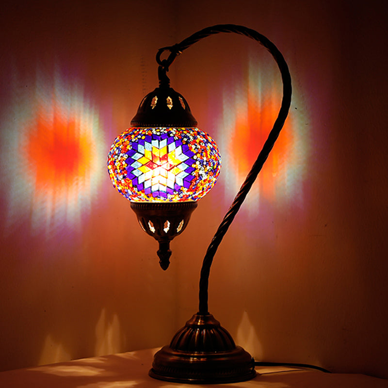 1 Bulb Night Lamp Mediterranean Teardrop Shaped Purple/Yellow and Red/Red Brown Stained Glass Nightstand Light with Gooseneck Arm Clearhalo 'Lamps' 'Table Lamps' Lighting' 359551