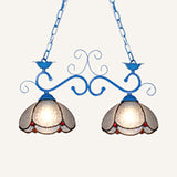 Scalloped Edged Island Light Fixture 2 Heads Stainless Glass Tiffany Style Chandelier Lighting in Black/Blue Blue Clearhalo 'Ceiling Lights' 'Close To Ceiling Lights' 'Glass shade' 'Glass' 'Island Lights' 'Tiffany close to ceiling' 'Tiffany' Lighting' 36186