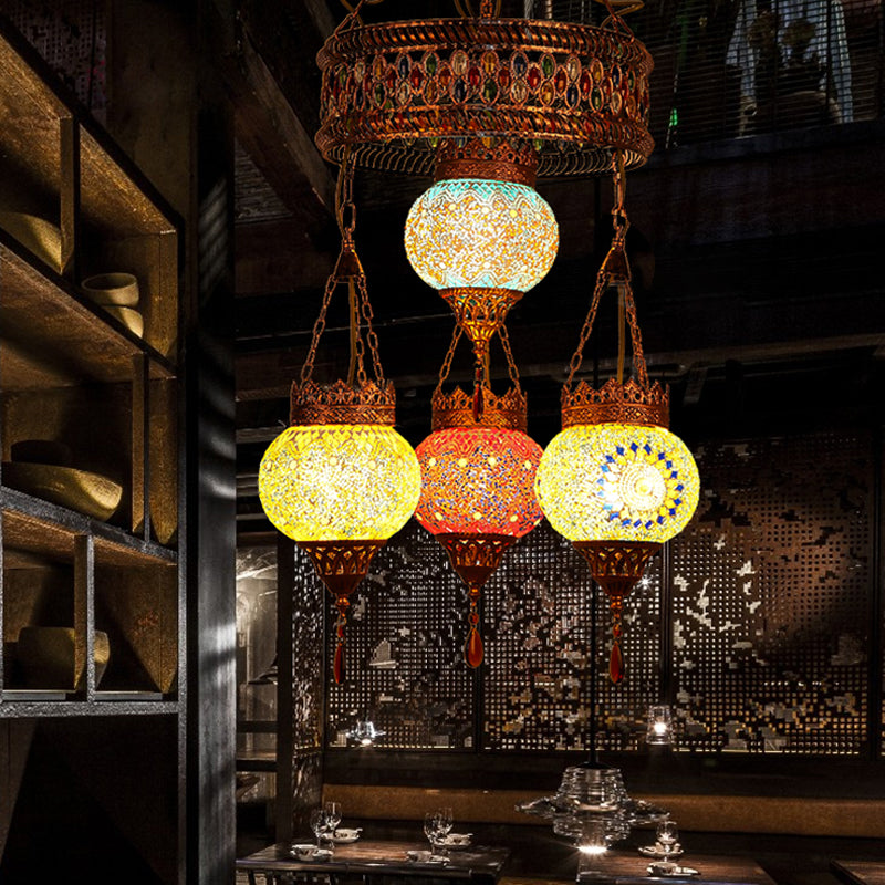 4 Heads Ceiling Chandelier Traditional Lantern Stained Glass Suspension Lighting Fixture in Copper for Restaurant Clearhalo 'Ceiling Lights' 'Chandeliers' Lighting' options 367917