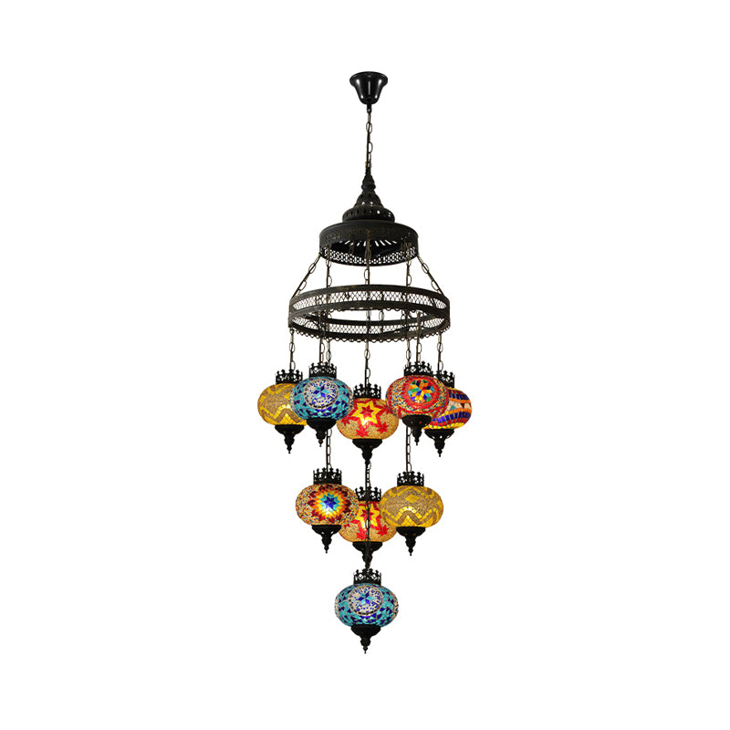 Stained Glass Lantern Pendant Lighting Bohemia Style 9 Bulbs Coffee House Ceiling Chandelier in Black Clearhalo 'Ceiling Lights' 'Chandeliers' Lighting' options 367930