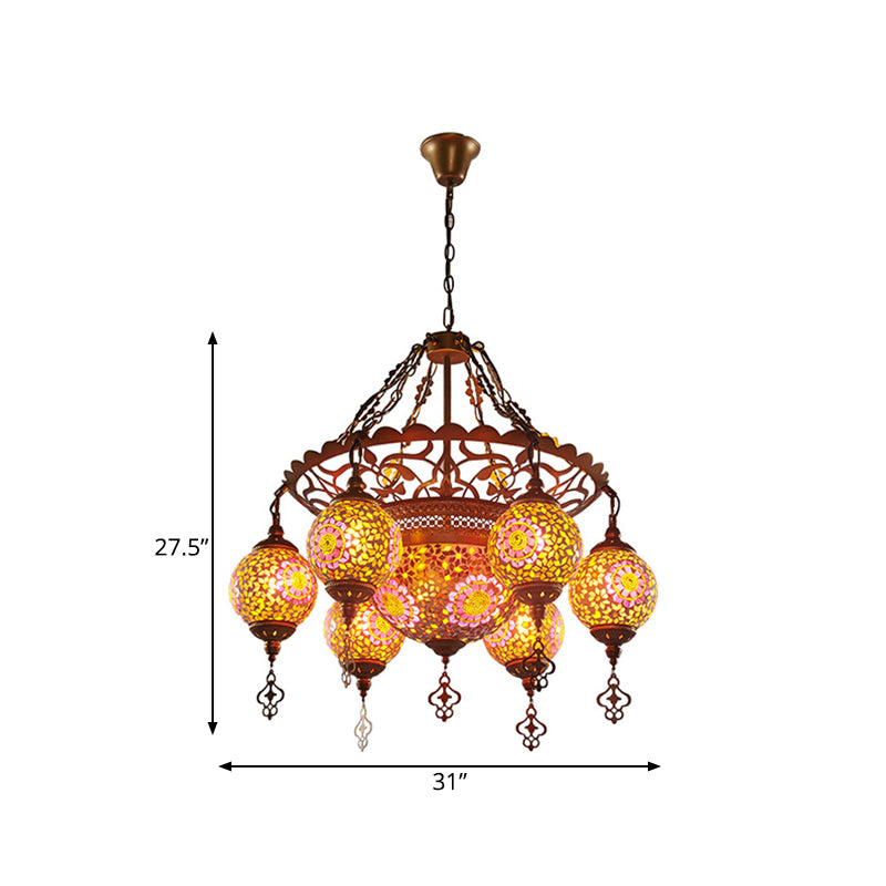 Brass Lantern Chandelier Lamp Traditional Stained Glass 9 Heads Restaurant Suspension Pendant Light Clearhalo 'Ceiling Lights' 'Chandeliers' Lighting' options 367936