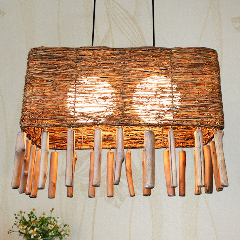 Rectangle Rattan Chandelier Light Chinese 2 Bulbs Brown Suspended Lighting Fixture Clearhalo 'Ceiling Lights' 'Chandeliers' Lighting' options 369847