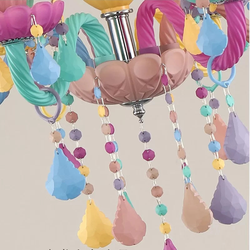 Kids Candle Pendant Light with Crystal Glass 6 Lights Multi-Color Chandelier for Child Bedroom Clearhalo 'Ceiling Lights' 'Chandeliers' 'Glass shade' 'Glass' Lighting' 37156
