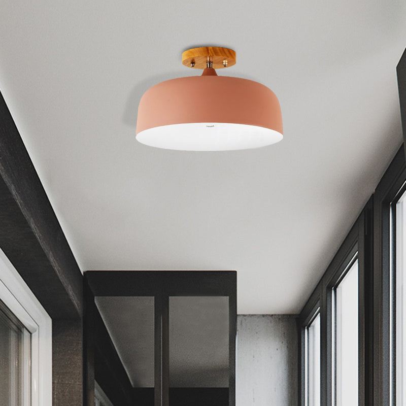 1 Light Gray/White/Pink/Green Ceiling Flush Mount Light with Drum Metal Lampshade Simple Semi-Flushmount Lamp Clearhalo 'Ceiling Lights' 'Close To Ceiling Lights' 'Close to ceiling' 'Semi-flushmount' Lighting' 379525