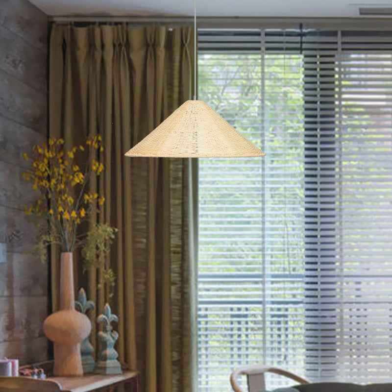 1 Bulb Hand Woven Hanging Light Chinese Bamboo Suspended Lighting Fixture in Beige Clearhalo 'Ceiling Lights' 'Pendant Lights' 'Pendants' Lighting' 380154