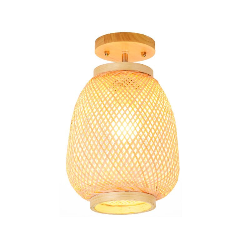 Lantern Bamboo Semi-Flush Mount Asian 1 Head Beige Ceiling Mounted Fixture for Restaurant Clearhalo 'Ceiling Lights' 'Close To Ceiling Lights' 'Close to ceiling' 'Semi-flushmount' Lighting' 384783