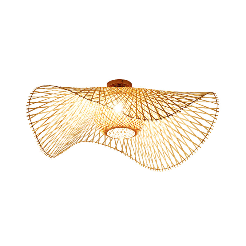 Bamboo Hand-Worked Semi-Flush Mount Japanese 2 Bulbs Close to Ceiling Lighting in Beige Clearhalo 'Ceiling Lights' 'Close To Ceiling Lights' 'Close to ceiling' 'Semi-flushmount' Lighting' 384831