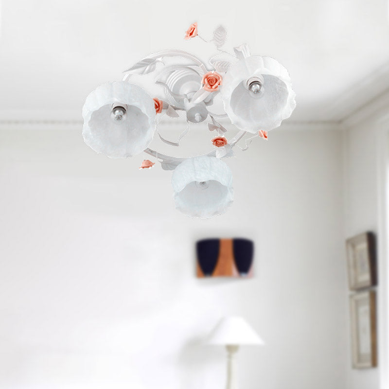 3 Lights White Glass Semi Flush Korean Garden Flower Living Room Close to Ceiling Lighting Clearhalo 'Ceiling Lights' 'Close To Ceiling Lights' 'Close to ceiling' 'Glass shade' 'Glass' 'Semi-flushmount' Lighting' 391239