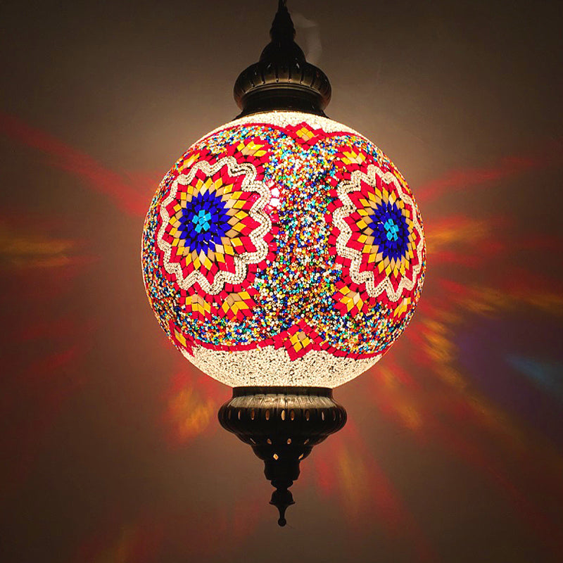 Cut Glass Globe Suspension Lighting Traditional 1 Light Dining Room Pendant Lamp in Red/Yellow/Blue Clearhalo 'Ceiling Lights' 'Glass shade' 'Glass' 'Pendant Lights' 'Pendants' Lighting' 391328