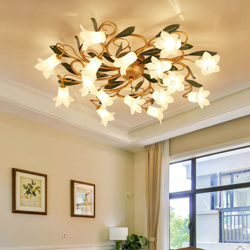 Metal Brass Ceiling Flush Lily/Tulip 16 Heads American Garden LED Semi Mount Lighting for Bedroom Clearhalo 'Ceiling Lights' 'Close To Ceiling Lights' 'Close to ceiling' 'Semi-flushmount' Lighting' 391541