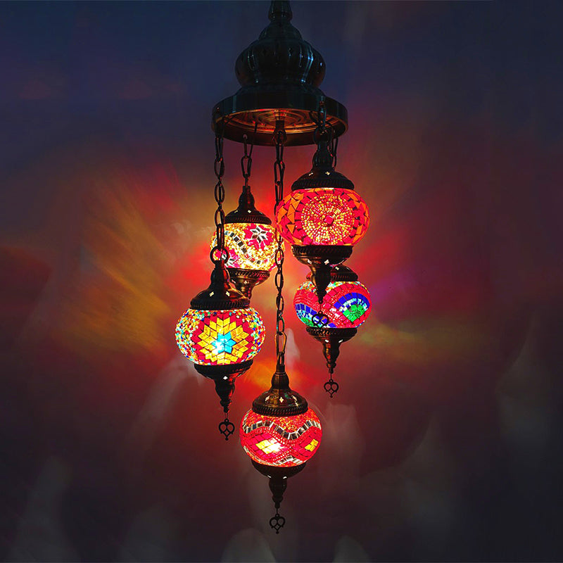 Oval Living Room Chandelier Lighting Traditional Stained Glass 5 Heads White/Orange/Blue Hanging Ceiling Light Clearhalo 'Ceiling Lights' 'Chandeliers' 'Glass shade' 'Glass' 'Pendant Lights' Lighting' 391897