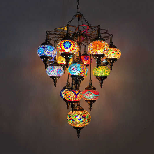 Yellow Oval Pendant Chandelier Vintage Stained Glass 16 Heads Living Room Hanging Light Kit Yellow Clearhalo 'Ceiling Lights' 'Chandeliers' 'Glass shade' 'Glass' Lighting' 391913