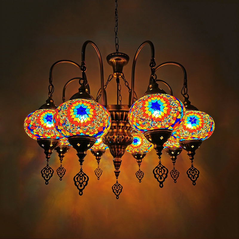 White/Yellow/Gold Oval Pendant Light Vintage Handcrafted Art Glass 9 Heads Bedroom Chandelier Lighting Yellow Clearhalo 'Ceiling Lights' 'Chandeliers' 'Glass shade' 'Glass' Lighting' 391965