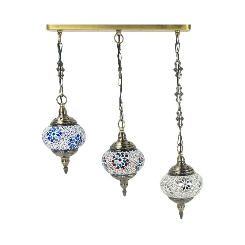 3 Heads Stained Art Glass Suspension Lamp Vintage Red/Yellow/Green Oval Bedroom Cluster Pendant Clearhalo 'Ceiling Lights' 'Glass shade' 'Glass' 'Pendant Lights' 'Pendants' Lighting' 392009