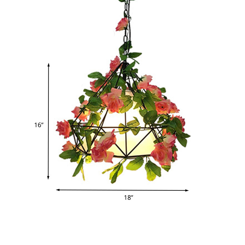 Pink/Light Pink 1 Head Pendant Lamp Industrial Metal Diamond LED Hanging Ceiling Light with Rose Decoration, 18"/23.5" W Clearhalo 'Art Deco Pendants' 'Cast Iron' 'Ceiling Lights' 'Ceramic' 'Crystal' 'Industrial Pendants' 'Industrial' 'Metal' 'Middle Century Pendants' 'Pendant Lights' 'Pendants' 'Tiffany' Lighting' 392274