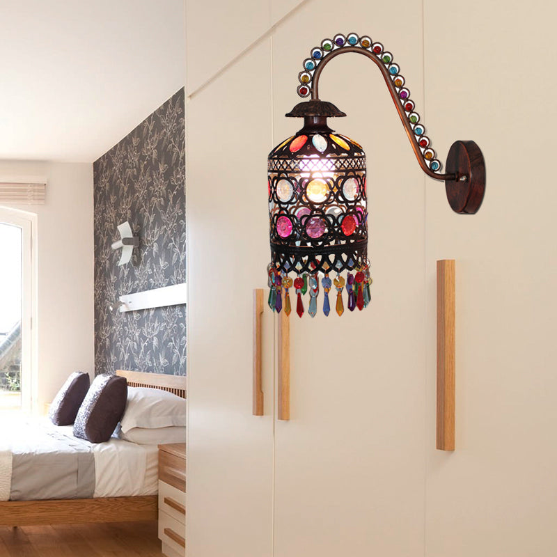 Metal Cylinder Wall Mount Lamp Vintage 1 Light Bedroom Wall Sconce Lighting in White/Copper with Acrylic Decoration Copper Clearhalo 'Wall Lamps & Sconces' 'Wall Lights' Lighting' 394168