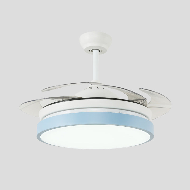 Round Living Room Semi Flushmount Modern Acrylic Pink/Yellow/Blue LED Hanging Ceiling Fan Light with 4 Blades, 42.5" Wide Clearhalo 'Ceiling Fans with Lights' 'Ceiling Fans' 'Kids Ceiling Fans' 'Kids' Lighting' 398625