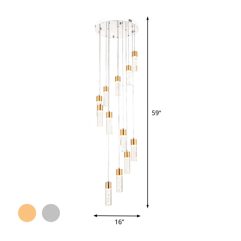 12 Heads Acrylic Pendant Lighting Modernist Gold/Silver Tube Stair Multiple Hanging Lamp with Spiral Design Clearhalo 'Ceiling Lights' 'Modern Pendants' 'Modern' 'Pendant Lights' 'Pendants' Lighting' 399029