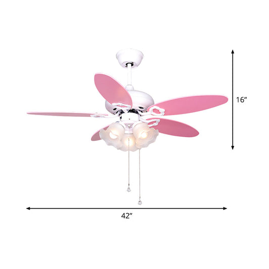 3-Bulb Semi Flush Light Kids Bedroom 5 Pink Blades Hanging Fan Lamp with Floral Opal Glass Shade, 42" W Clearhalo 'Ceiling Fans with Lights' 'Ceiling Fans' 'Kids Ceiling Fans' 'Kids' Lighting' 399295