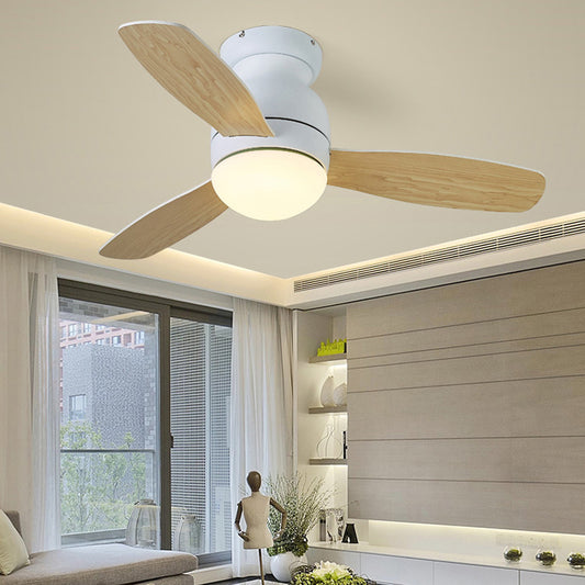 36" Wide LED Metal Hanging Fan Lighting Kids Grey/White/Green Dome Living Room Semi Flush Lamp Fixture with 3 Wood Blades Clearhalo 'Ceiling Fans with Lights' 'Ceiling Fans' 'Kids Ceiling Fans' 'Kids' Lighting' 399357
