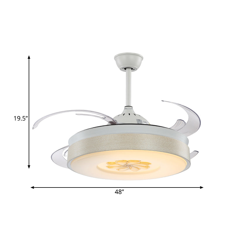 8 Blades LED Metal Semi Flush Light Modern White Cylinder Bedroom Hanging Fan Lamp with Acrylic Shade, 48" W Clearhalo 'Ceiling Fans with Lights' 'Ceiling Fans' 'Modern Ceiling Fans' 'Modern' Lighting' 399464