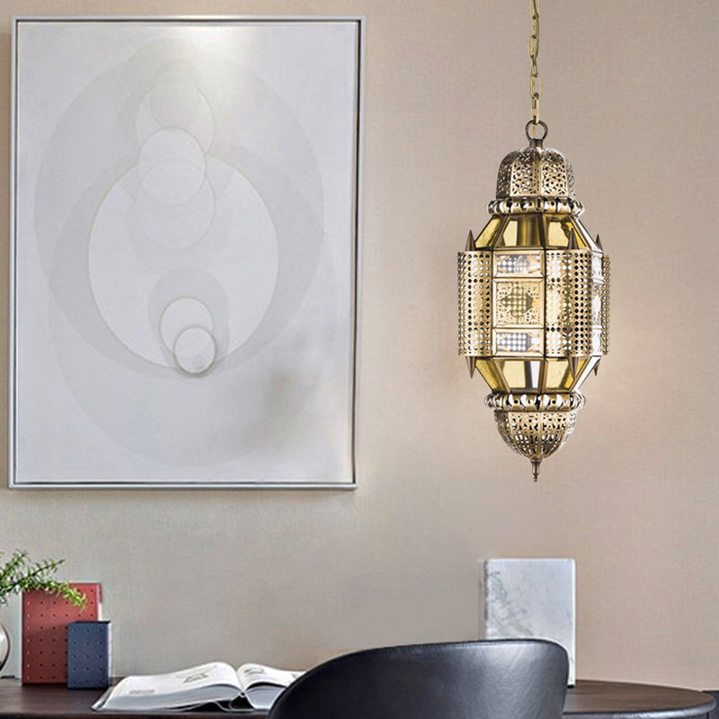 Lantern Metal Hanging Chandelier Arab 3 Bulbs Hallway Ceiling Pendant Lamp in Brass Clearhalo 'Ceiling Lights' 'Chandeliers' Lighting' options 400303