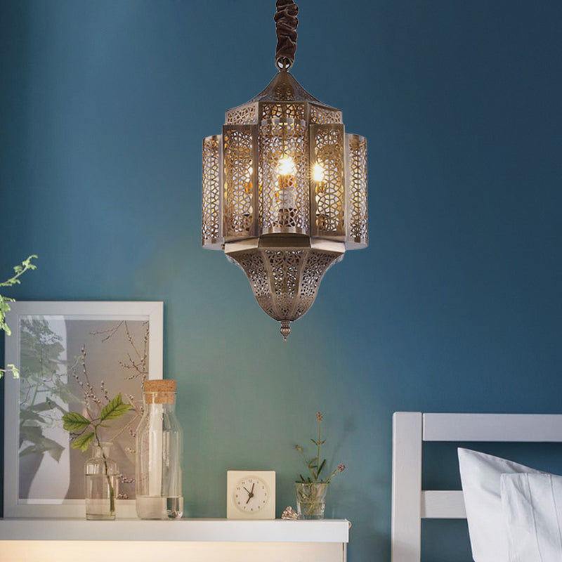 Brass Lantern Suspension Lamp Arab Metal 3-Bulb Restaurant Chandelier Pendant Light Clearhalo 'Ceiling Lights' 'Chandeliers' Lighting' options 400331
