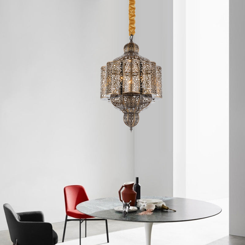 3 Lights Metal Hanging Chandelier Vintage Brass Castle Shape Living Room Suspension Lamp with Hollowed Out Design Clearhalo 'Ceiling Lights' 'Chandeliers' Lighting' options 400356