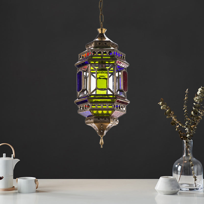 3-Bulb Hanging Lighting Art Deco Castle Shape Colorful Glass Chandelier Pendant Lamp in Brass Clearhalo 'Ceiling Lights' 'Chandeliers' Lighting' options 400378