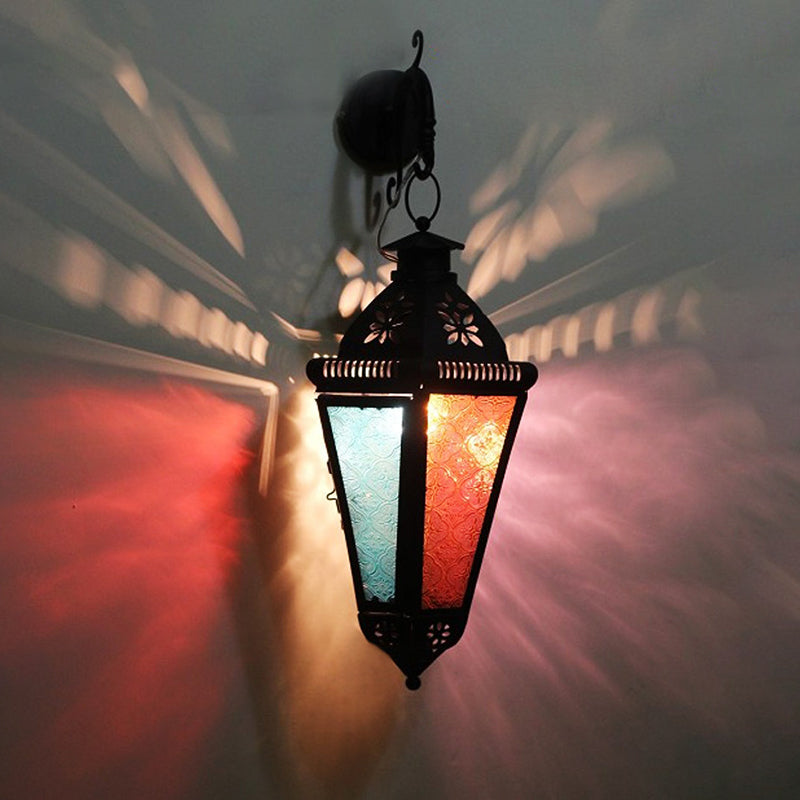 1 Bulb Iron Sconce Lamp Art Deco Blue/Black Cone Balcony Wall Mount Ceiling Light with Colorful Glass Shade Black Clearhalo 'Wall Lamps & Sconces' 'Wall Lights' Lighting' 400516