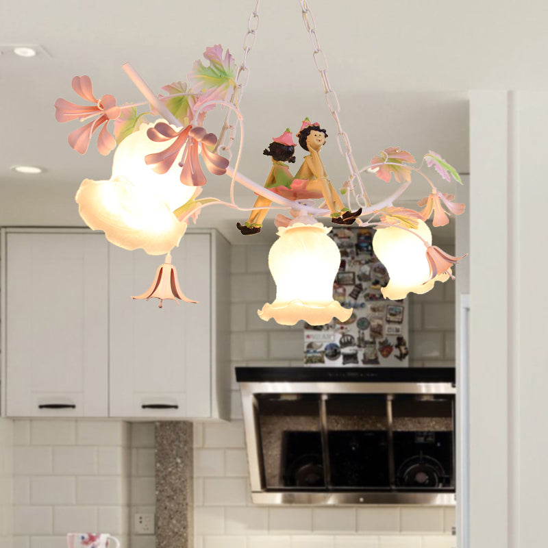 3 Bulbs Flower Chandelier Light Pastoral White Metal Pendant Lighting with Doll Decoration Clearhalo 'Ceiling Lights' 'Chandeliers' Lighting' options 400723