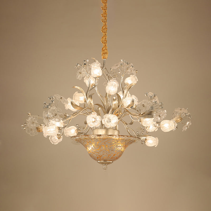 23 Bulbs Metal Chandelier Lamp Countryside Silver Blossom Living Room LED Pendant Lighting Fixture Clearhalo 'Ceiling Lights' 'Chandeliers' Lighting' options 400968