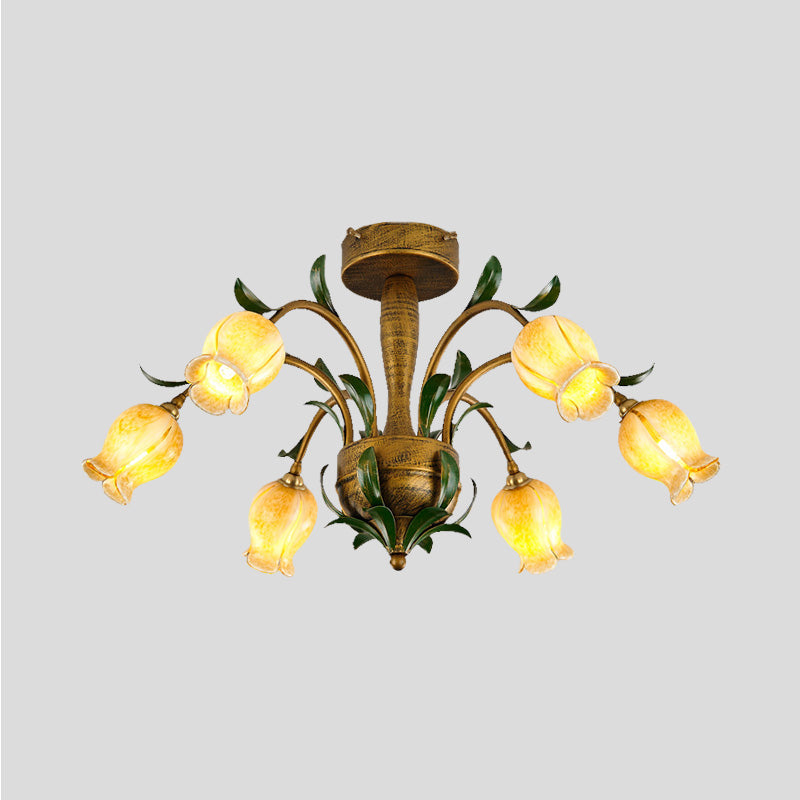 Brass 6/8/10 Bulbs Semi Flush American Garden Metal Tulip LED Close to Ceiling Lighting Fixture for Living Room Clearhalo 'Ceiling Lights' 'Close To Ceiling Lights' 'Close to ceiling' 'Semi-flushmount' Lighting' 401490