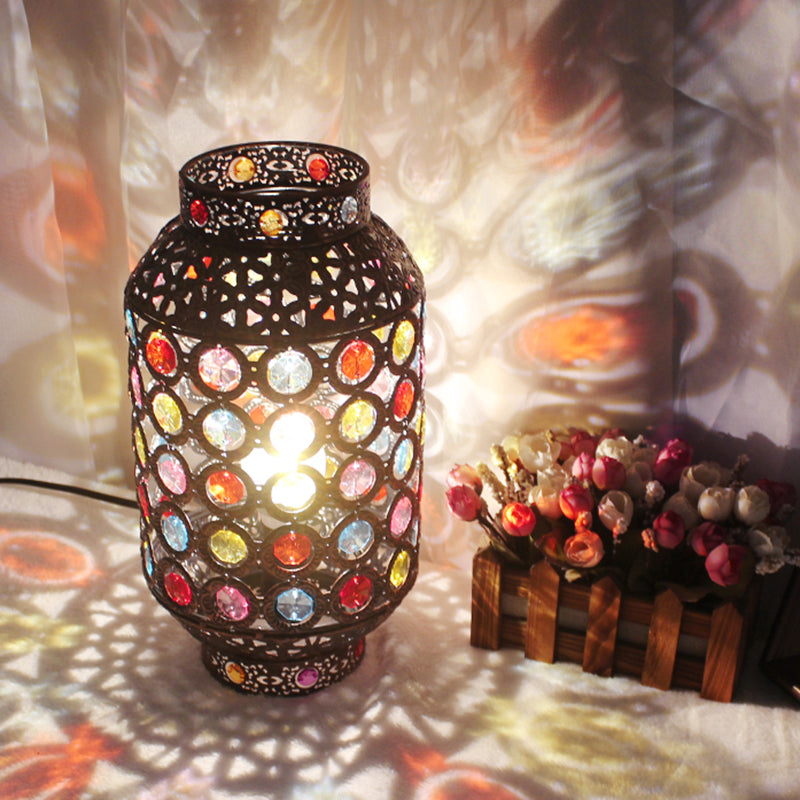 1 Light Lantern Night Table Lamp Bohemian Bronze Metal Nightstand Lighting for Restaurant Clearhalo 'Lamps' 'Table Lamps' Lighting' 402980