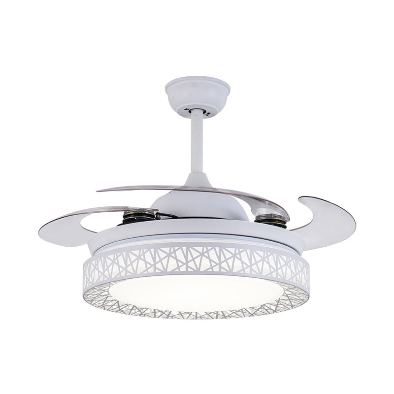 Round Bedroom Fan Lamp Contemporary Metal LED 36" W White Semi Flush Light Fixture with 4 Blades, Remote/Wall Control/Remote and Wall Control Clearhalo 'Ceiling Fans with Lights' 'Ceiling Fans' 'Modern Ceiling Fans' 'Modern' Lighting' 403171