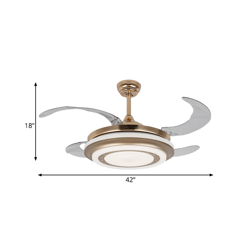 Metal Gold Pendant Fan Lighting Round 42" W LED Minimalism 4 Blades Semi Flush Light for Living Room, Remote/Wall Control/Remote and Wall Control Clearhalo 'Ceiling Fans with Lights' 'Ceiling Fans' 'Modern Ceiling Fans' 'Modern' Lighting' 403377