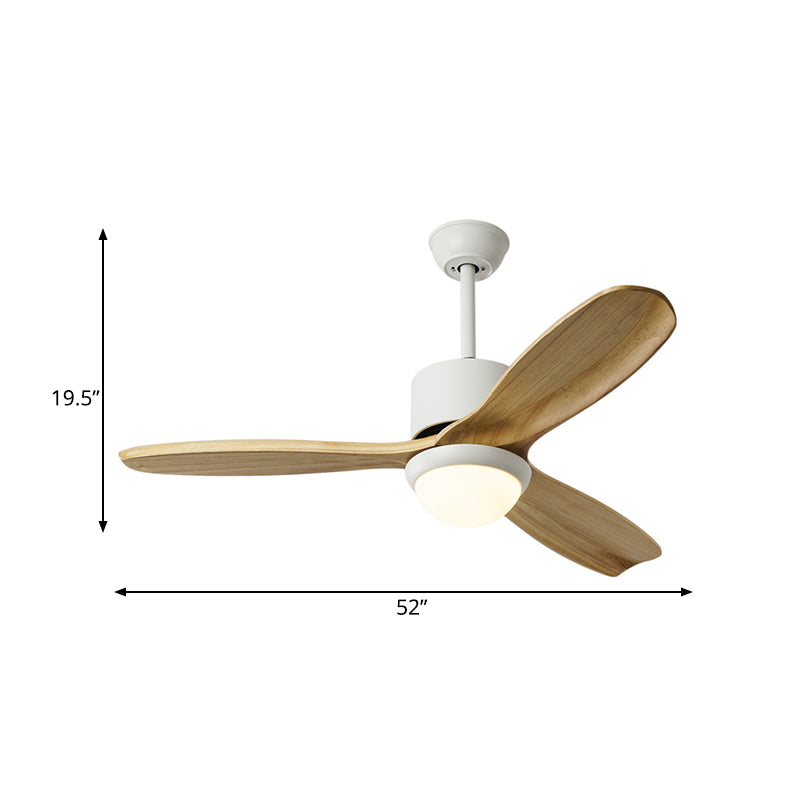 White Bowl Pendant Fan Lighting Minimalism Wooden LED Living Room Semi-Flush Mount with 3 Wood Blades, 52" Wide Clearhalo 'Ceiling Fans with Lights' 'Ceiling Fans' 'Modern Ceiling Fans' 'Modern' Lighting' 403540