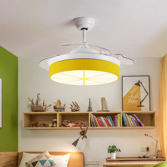 Minimalist Round Semi Flushmount Acrylic Bedroom LED Hanging Fan Light Fixture in Yellow with 3 Clear Blades, 42" Wide Clearhalo 'Ceiling Fans with Lights' 'Ceiling Fans' 'Kids Ceiling Fans' 'Kids' Lighting' 403784