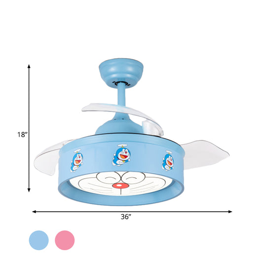 36" W LED Bedroom Ceiling Pendant Fan Light Kids Pink/Blue Finish 3 Blades Semi Flush Lamp with Drum Metal Shade, Cartoon Cat Pattern Clearhalo 'Ceiling Fans with Lights' 'Ceiling Fans' 'Kids Ceiling Fans' 'Kids' Lighting' 403791