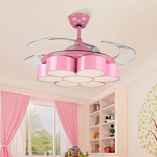 42" W Flower Bedroom Ceiling Fan Light Fixture Metal LED Kids Semi Flush Mounted Lamp in Pink with 3 Clear Blades, Remote/Wall and Remote Control Pink Clearhalo 'Ceiling Fans with Lights' 'Ceiling Fans' 'Kids Ceiling Fans' 'Kids' Lighting' 403803
