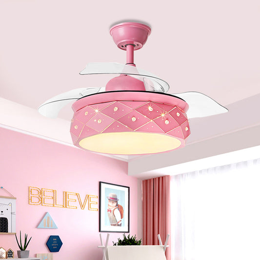 3 Blades Metallic Drum Hanging Fan Lighting Modernism 42" W LED Semi Flush Lamp in Pink/Blue with Acrylic Shade, Remote/Wall and Remote Control Clearhalo 'Ceiling Fans with Lights' 'Ceiling Fans' 'Kids Ceiling Fans' 'Kids' Lighting' 403809