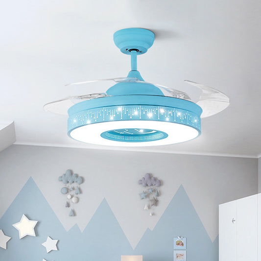 Ring Metal Semi Flush Lighting Kids Pink/Blue Finish 4 Blades LED Pendant Fan Lamp for Bedroom, 42" Wide Blue Clearhalo 'Ceiling Fans with Lights' 'Ceiling Fans' 'Kids Ceiling Fans' 'Kids' Lighting' 403820