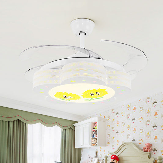 42" Wide LED Bedroom Semi Flushmount Nordic Kids Style White 3 Blades Pendant Fan Light with Floral Shape Metallic Shade Clearhalo 'Ceiling Fans with Lights' 'Ceiling Fans' 'Kids Ceiling Fans' 'Kids' Lighting' 403842