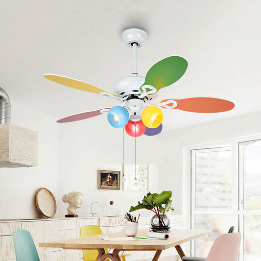 Globe Ceiling Fan Lighting Kids Style Blue-Red-Yellow Glass 3 Lights 42" W White Semi Flush Mount Lamp with 5 Multi-Color Blades Clearhalo 'Ceiling Fans with Lights' 'Ceiling Fans' 'Kids Ceiling Fans' 'Kids' Lighting' 403947