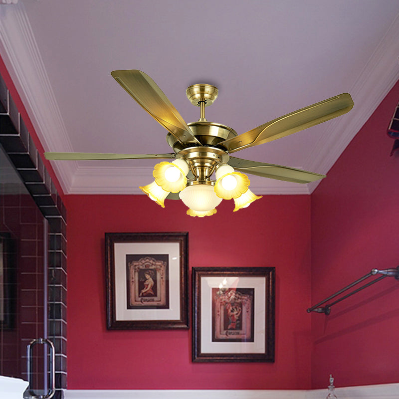 52" W 6 Bulbs Metal Semi Flushmount Vintage Brass Radial Living Room Hanging Fan Light with 5 Blades, Wall/Remote Control Clearhalo 'Ceiling Fans with Lights' 'Ceiling Fans' Lighting' 407095