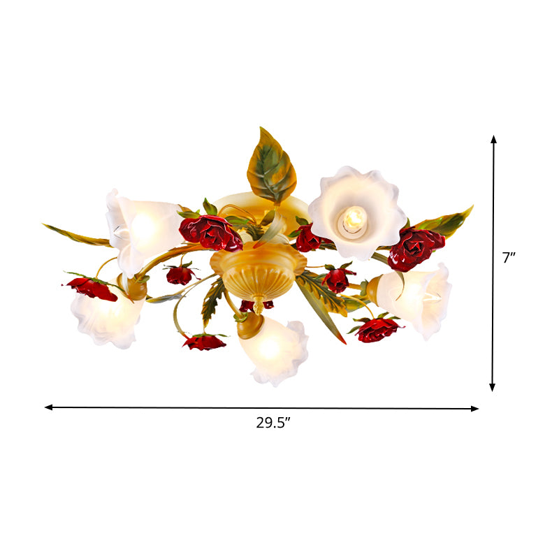 Coffee Spiral Semi Flush Mount Country Metal 3/5/8 Bulbs Living Room Close to Ceiling Lamp with Rose Decoration Clearhalo 'Ceiling Lights' 'Close To Ceiling Lights' 'Close to ceiling' 'Semi-flushmount' Lighting' 407108